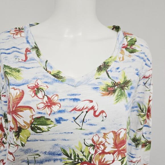 Fresh Produce Top Size 3X Tropical Flamingo 3/4 Sleeve Pocket Cotton Slub Knit - Picture 2 of 8